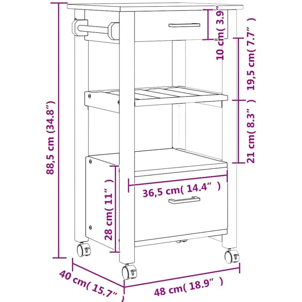 vidaXL Carros E Islas-Carrito de cocina MONZA madera maciza de pino 48x40x88,5 cm