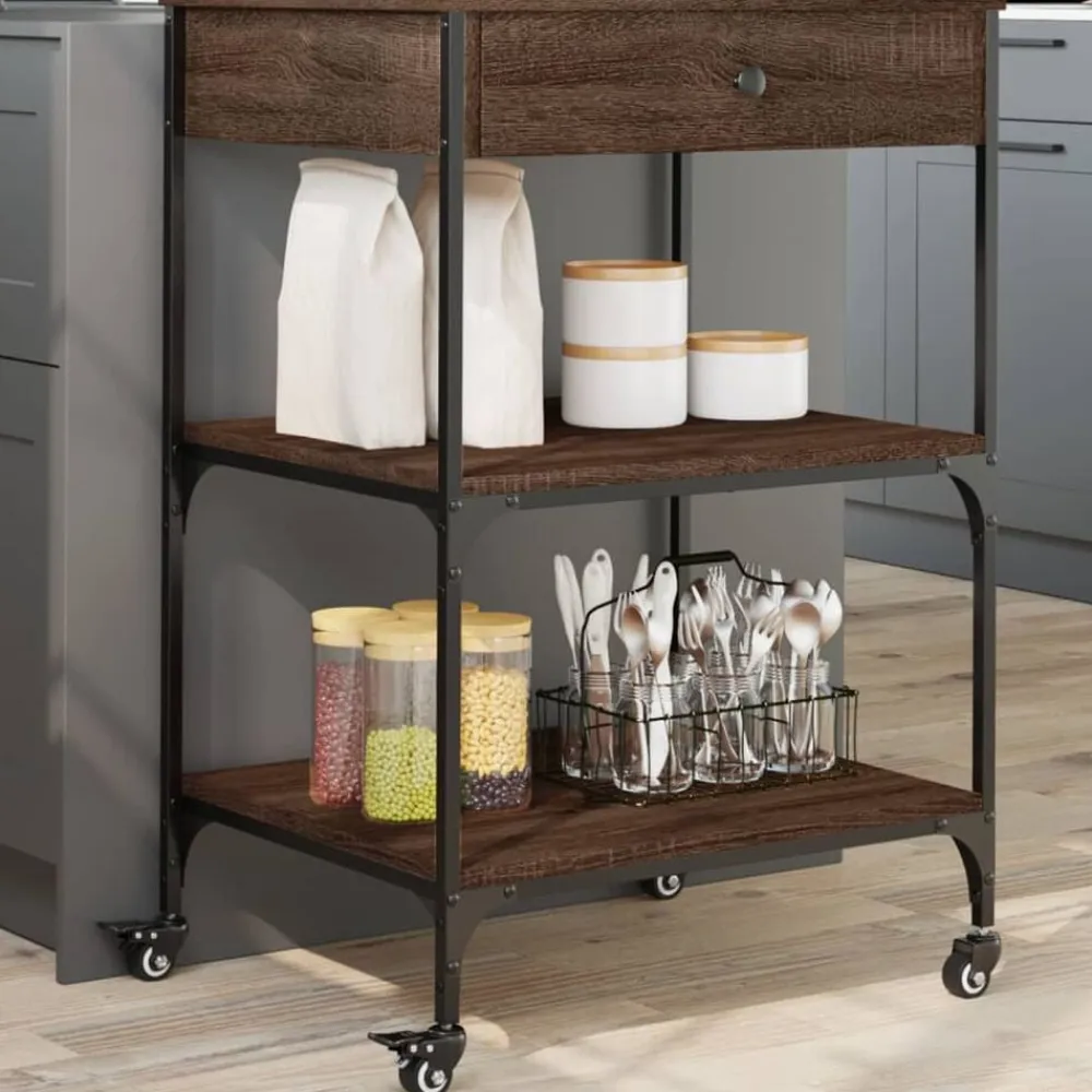 vidaXL Carros E Islas-Carrito de cocina madera ingeniería marrón roble 60x48x89,5 cm