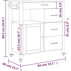 vidaXL Carrito de cocina MONZA madera maciza de pino 84x40x88,5 cm Gris Outlet