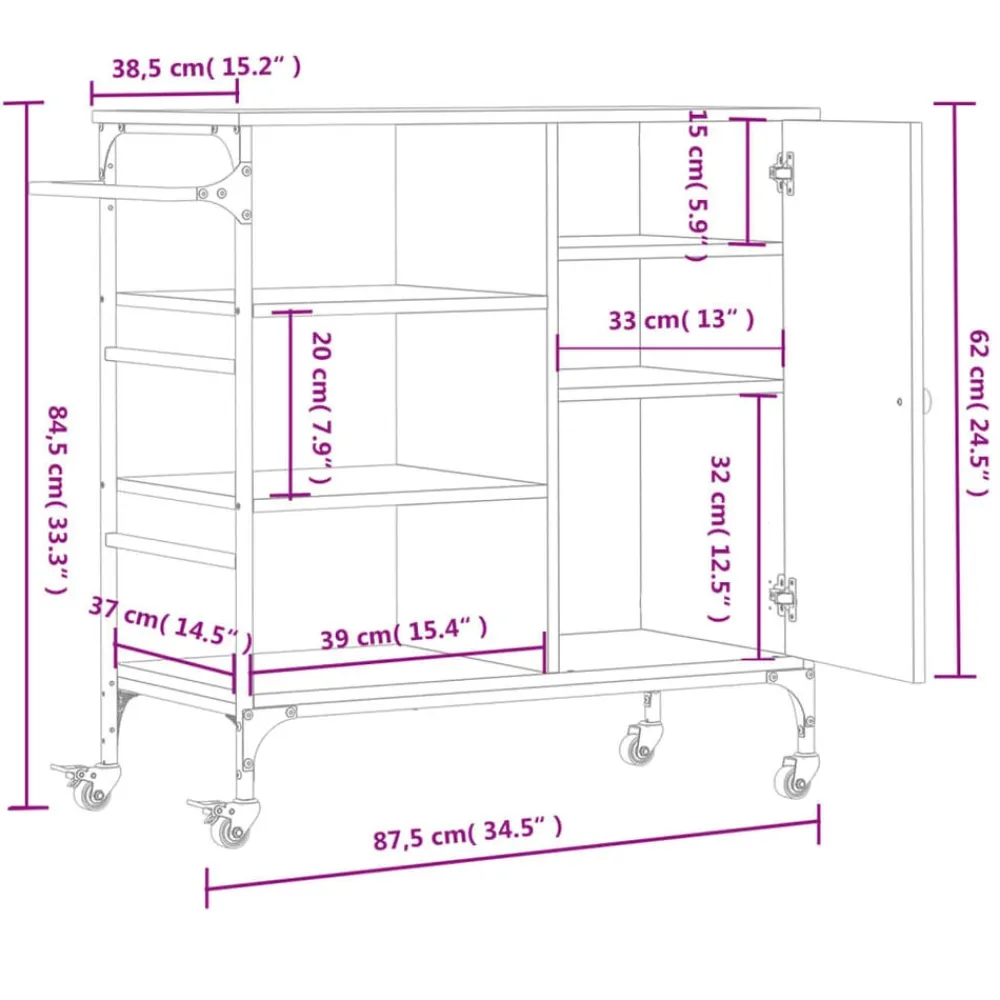 vidaXL Carros E Islas-Carrito de cocina madera ingeniería Sonoma 87,5x38,5x84,5 cm