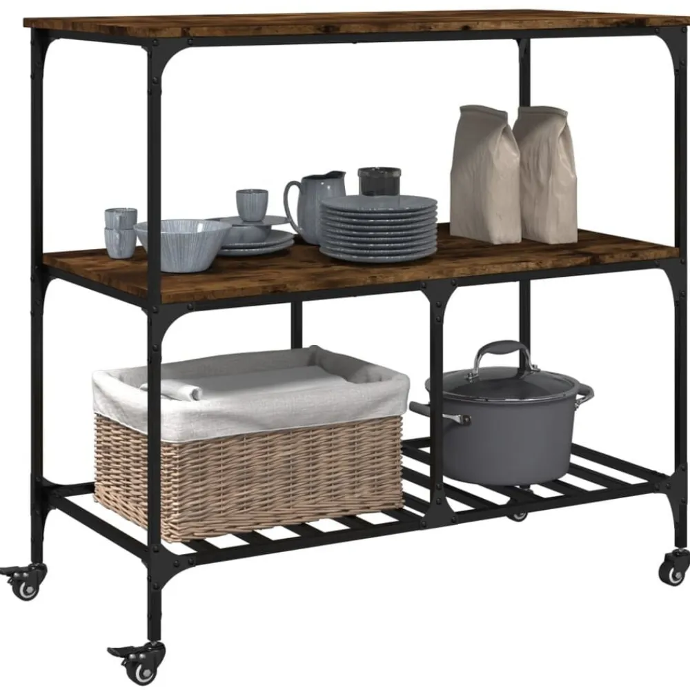 vidaXL Carrito de cocina madera ingeniería 100x50x95 cm Roble ahumado Clearance