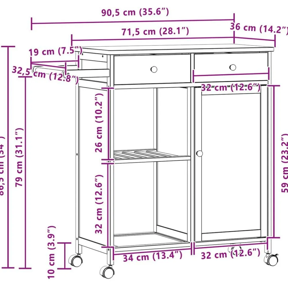 vidaXL Carrito de cocina con ruedas Natural 90,5 x 36 x 86,5 cm Bambú