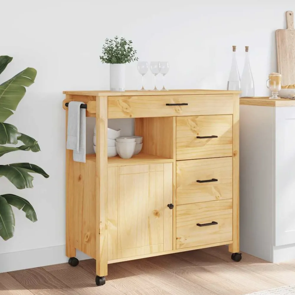 vidaXL Carrito de cocina MONZA madera maciza de pino 84x40x88,5 cm Marrón Clearance