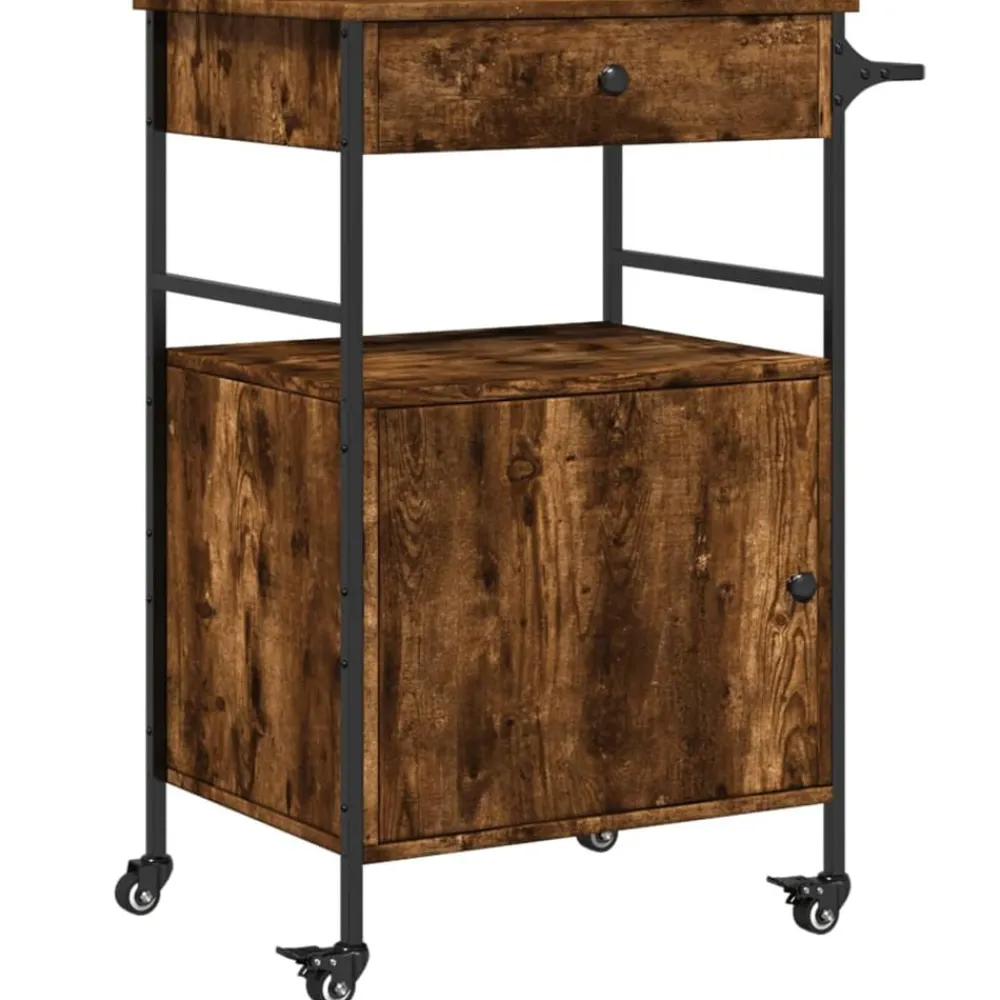 vidaXL Carrito de cocina madera ingeniería 56x43x89,5 cm Roble ahumado New