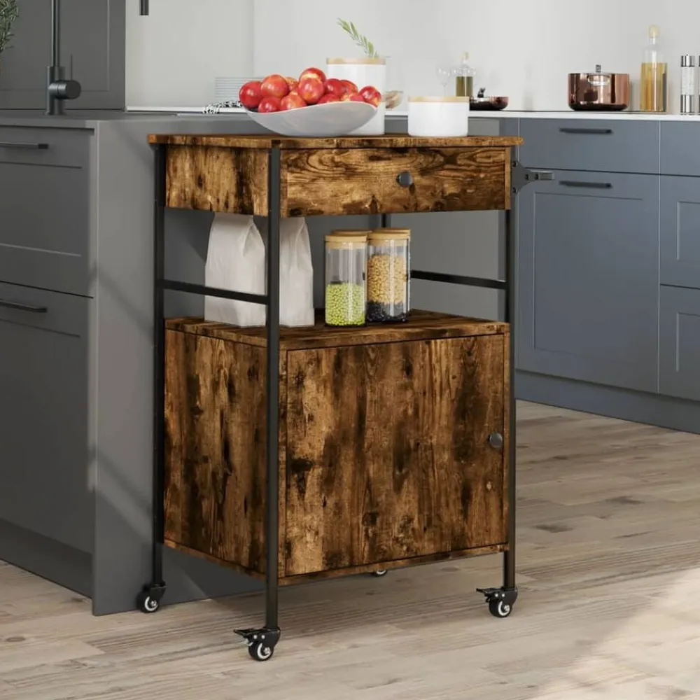 vidaXL Carrito de cocina madera ingeniería 56x43x89,5 cm Roble ahumado New