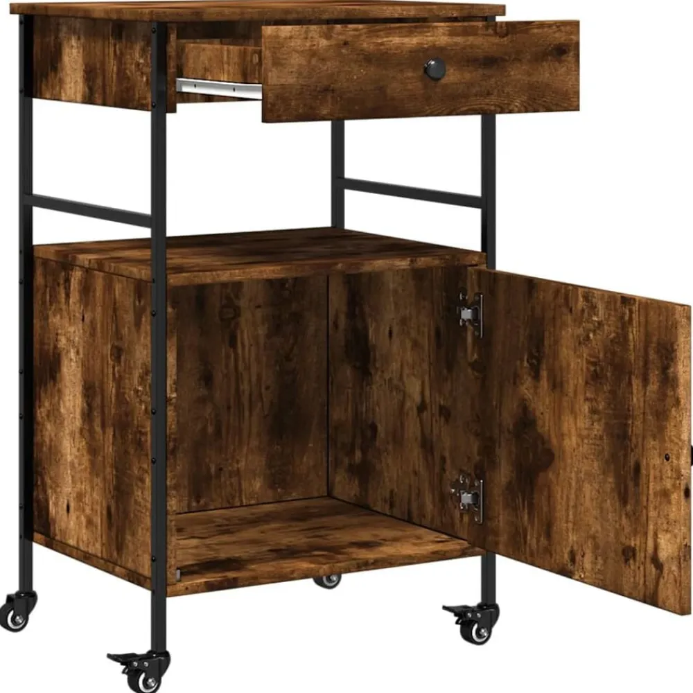 vidaXL Carrito de cocina madera ingeniería 56x43x89,5 cm Roble ahumado New