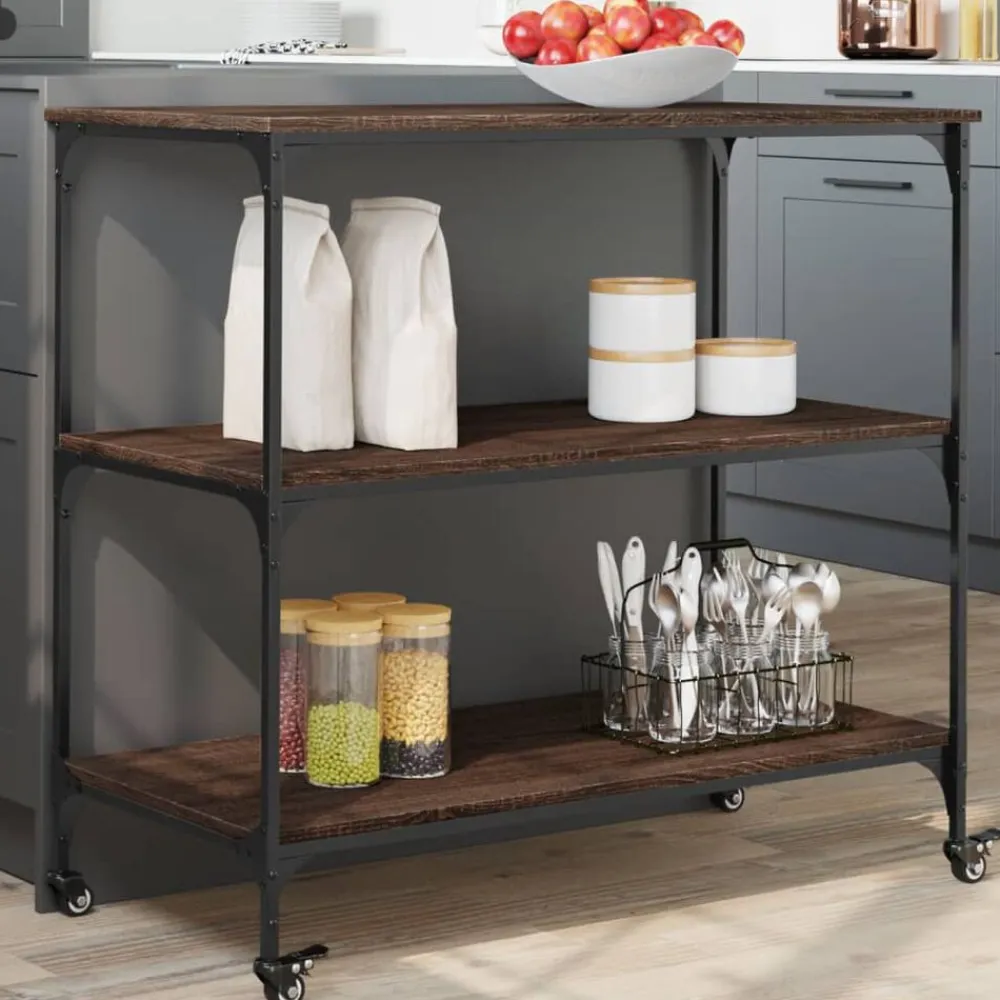 vidaXL Carrito de cocina madera ingeniería marrón roble 102x50x95 cm Marrón roble Sale