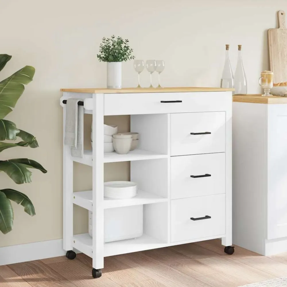 vidaXL Carrito de cocina MONZA madera maciza de pino 84x40x88,5 cm Blanco Outlet