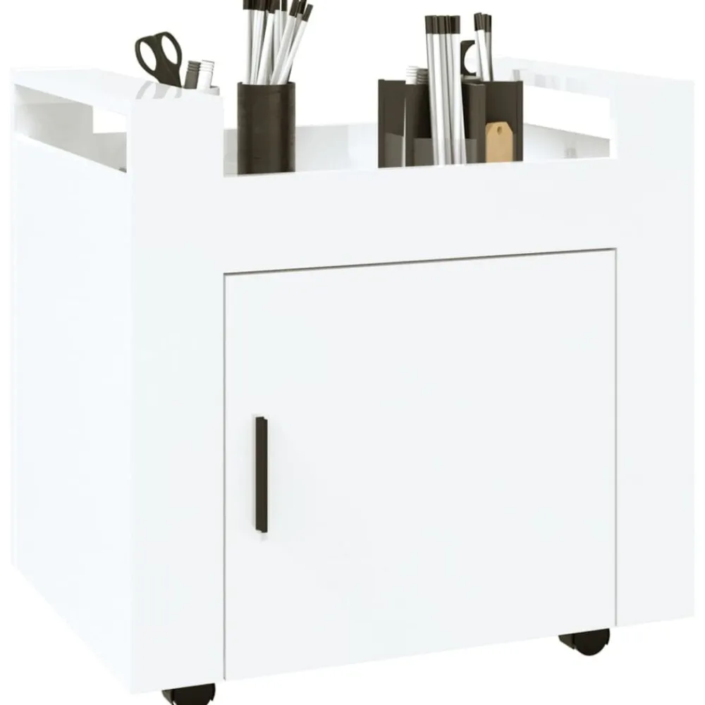 vidaXL Carros E Islas-Carrito de escritorio contrachapada blanco brillo 60x45x60 cm