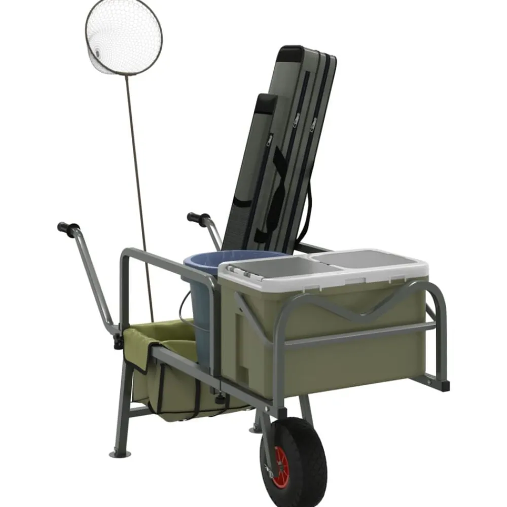 vidaXL Actividades Al Aire Libre-Carrito de pesca con rueda acero recubrimiento en polvo verde