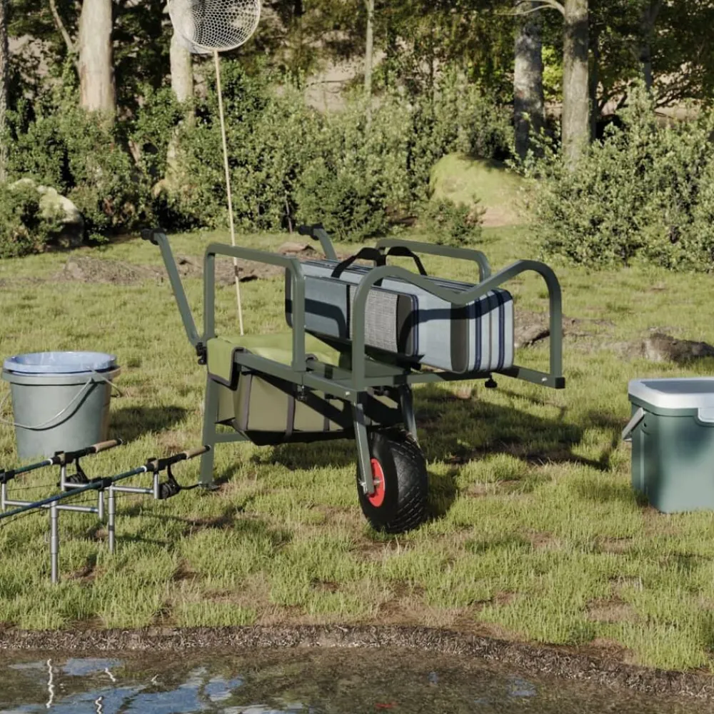 vidaXL Actividades Al Aire Libre-Carrito de pesca con rueda acero recubrimiento en polvo verde