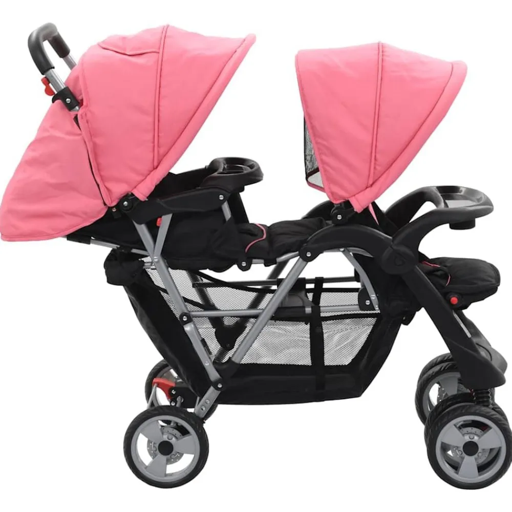 Niños vidaXL Transporte De Bebés-Carrito para 2 niños tandem de acero y negro