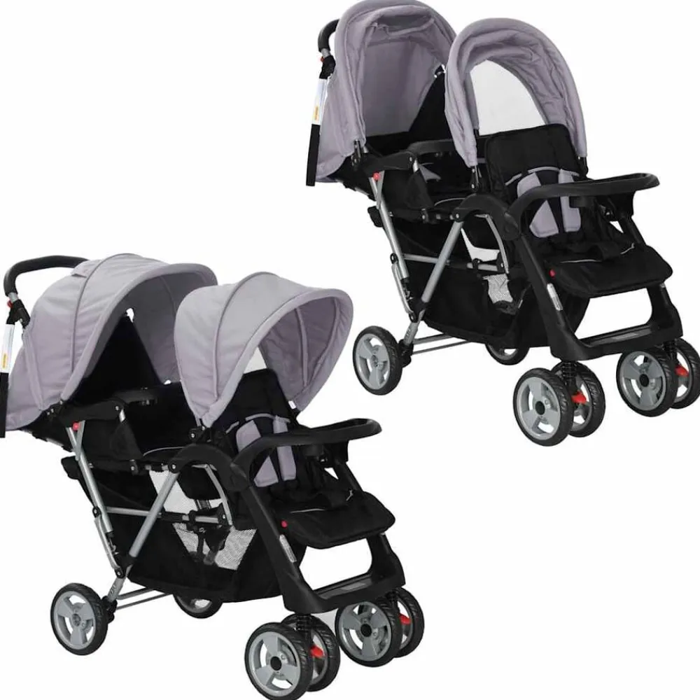 vidaXL Carrito para 2 niños tandem de acero y negro Gris Best