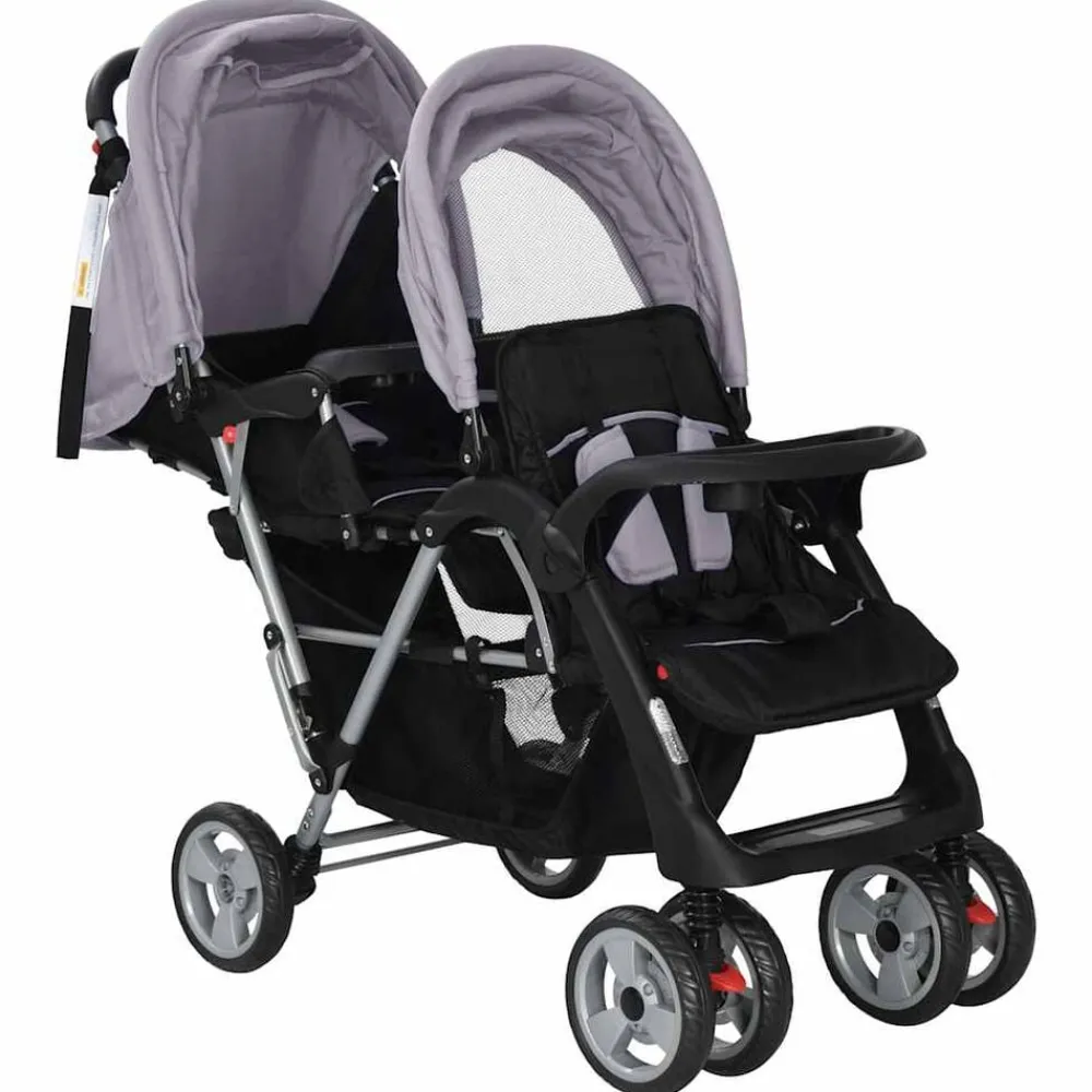 vidaXL Carrito para 2 niños tandem de acero y negro Gris Best