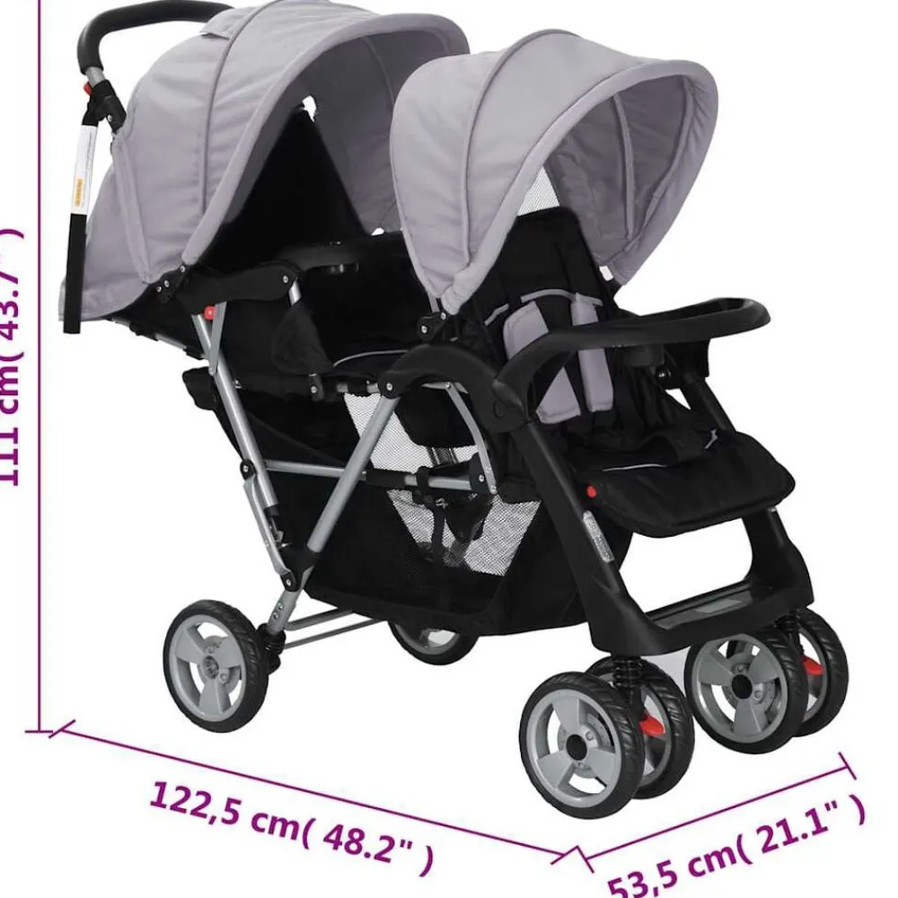 vidaXL Carrito para 2 niños tandem de acero y negro Gris Best