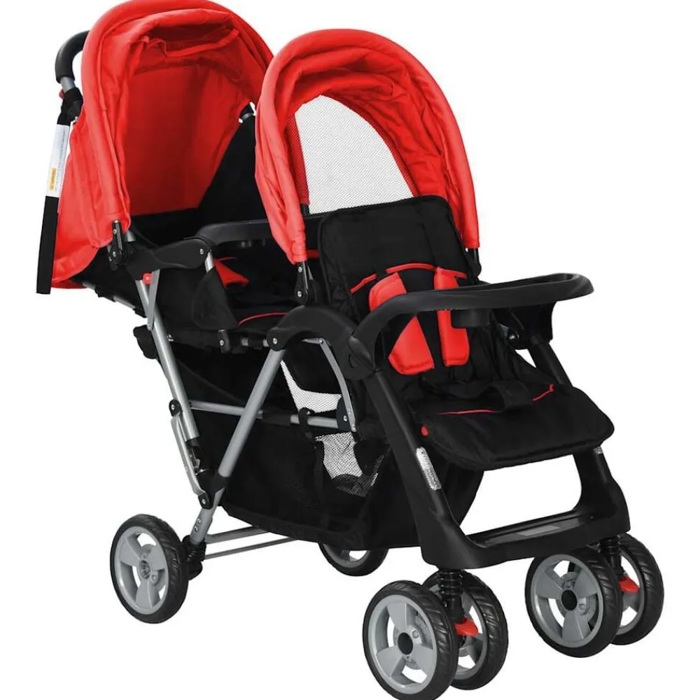 Niños vidaXL Transporte De Bebés-Carrito para 2 niños tandem de acero y negro