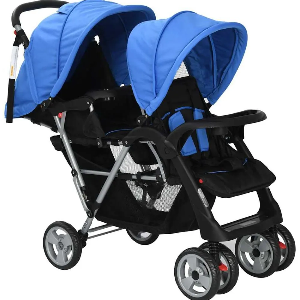 Niños vidaXL Transporte De Bebés-Carrito para 2 niños tandem de acero y negro