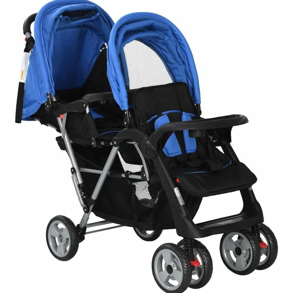 Niños vidaXL Transporte De Bebés-Carrito para 2 niños tandem de acero y negro