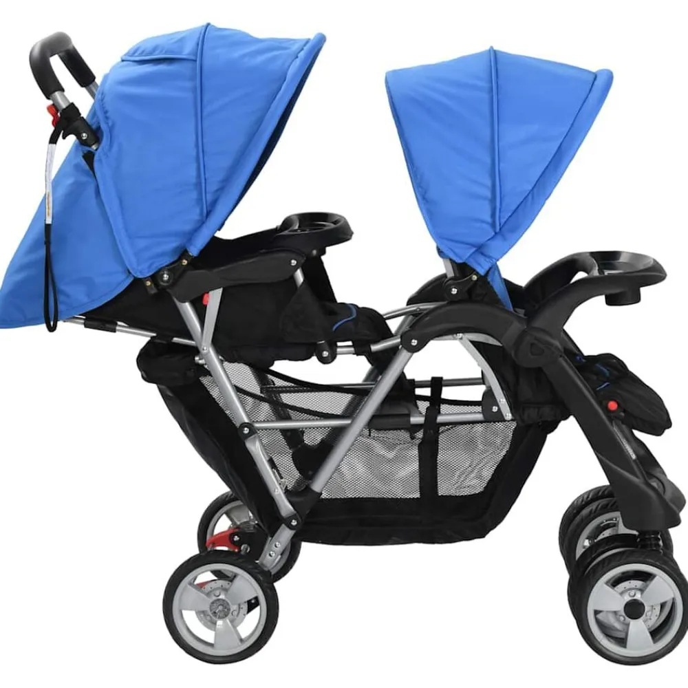 Niños vidaXL Transporte De Bebés-Carrito para 2 niños tandem de acero y negro
