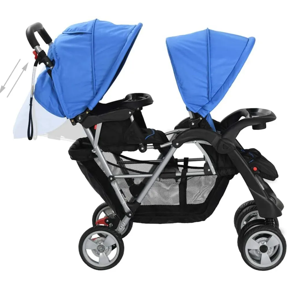 Niños vidaXL Transporte De Bebés-Carrito para 2 niños tandem de acero y negro