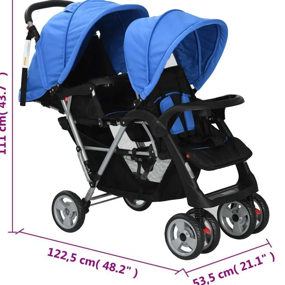 Niños vidaXL Transporte De Bebés-Carrito para 2 niños tandem de acero y negro