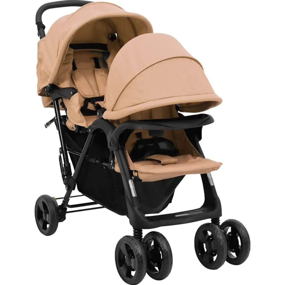 Niños vidaXL Transporte De Bebés-Carrito para gemelos tandem de acero gris
