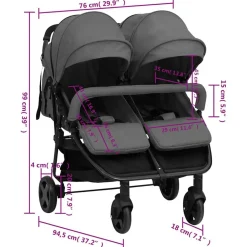 Niños vidaXL Transporte De Bebés-Carrito para gemelos de acero y negro