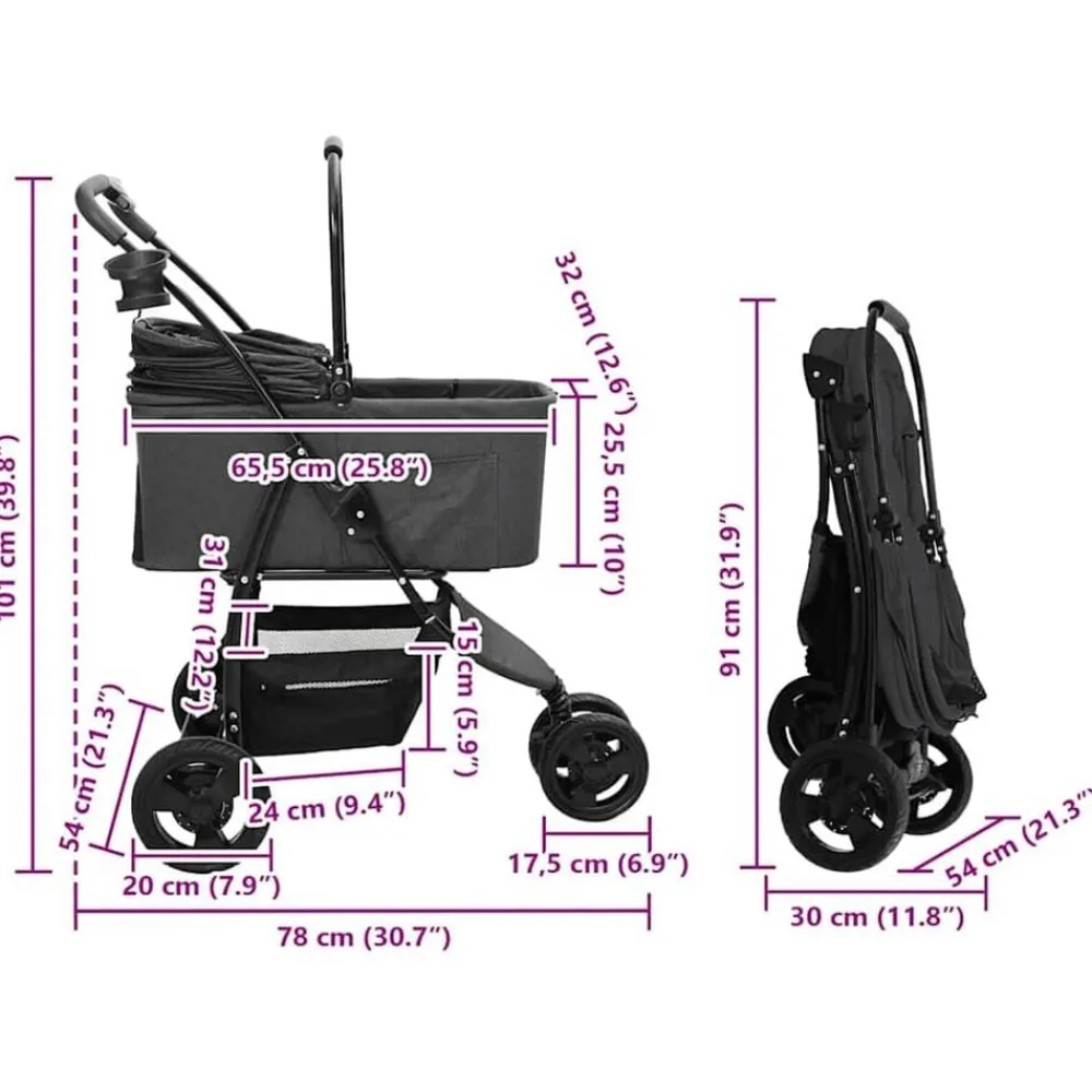 vidaXL Carrito Plegable para Mascotas 78 x 54 x 101 cm Poliéster Negro Hot