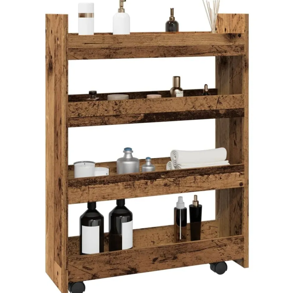 vidaXL Carro de almacenaje estrecho 4 niveles madera envejecida Madera antigua Sale