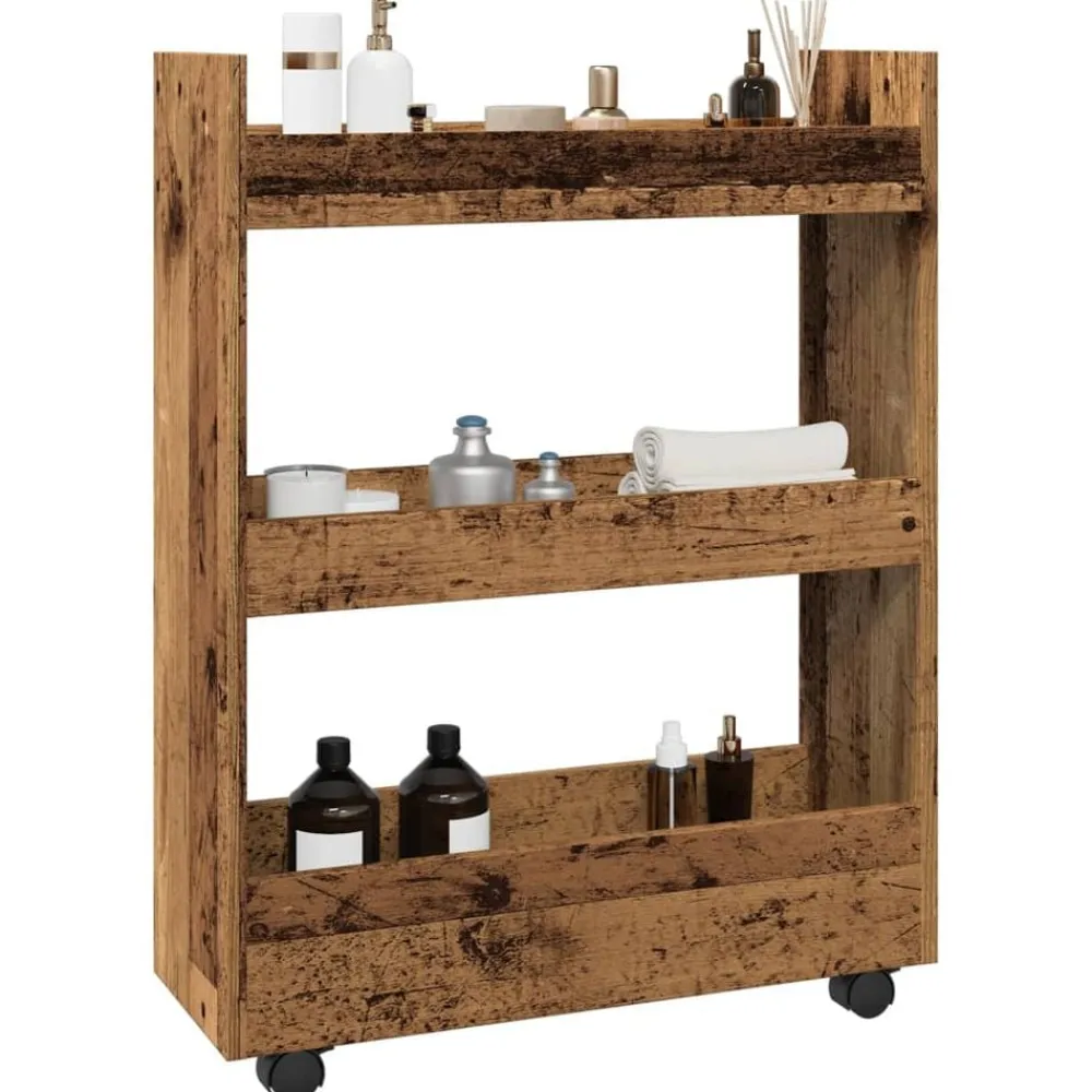 vidaXL Carro de almacenaje estrecho 3 niveles madera envejecida Madera antigua Online