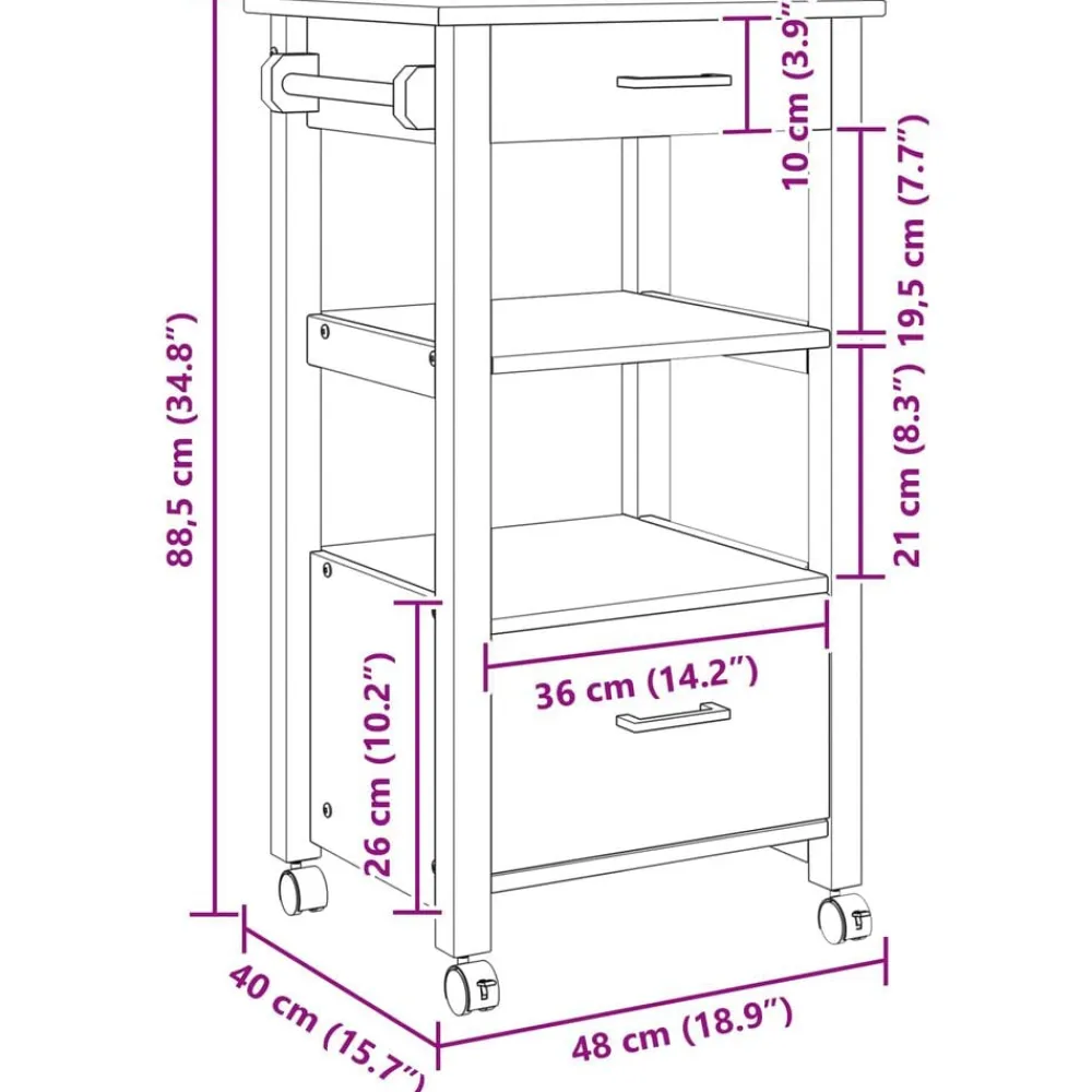 vidaXL Carro de Cocina MONZA 48 x 40 x 88,5 cm Negro