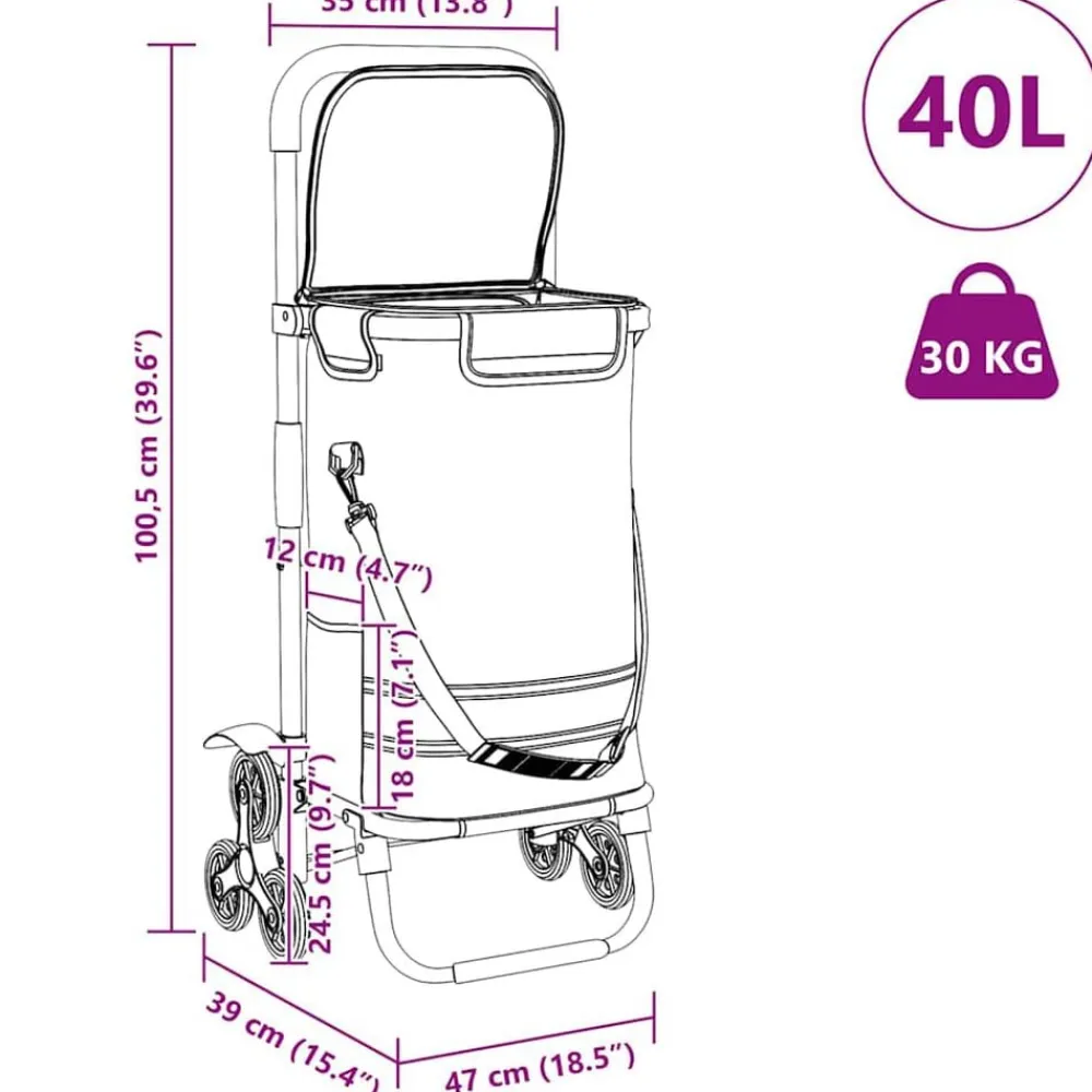 vidaXL Carro de compras 47 x 39 x 100,5 cm Tela Oxford Gris Hot