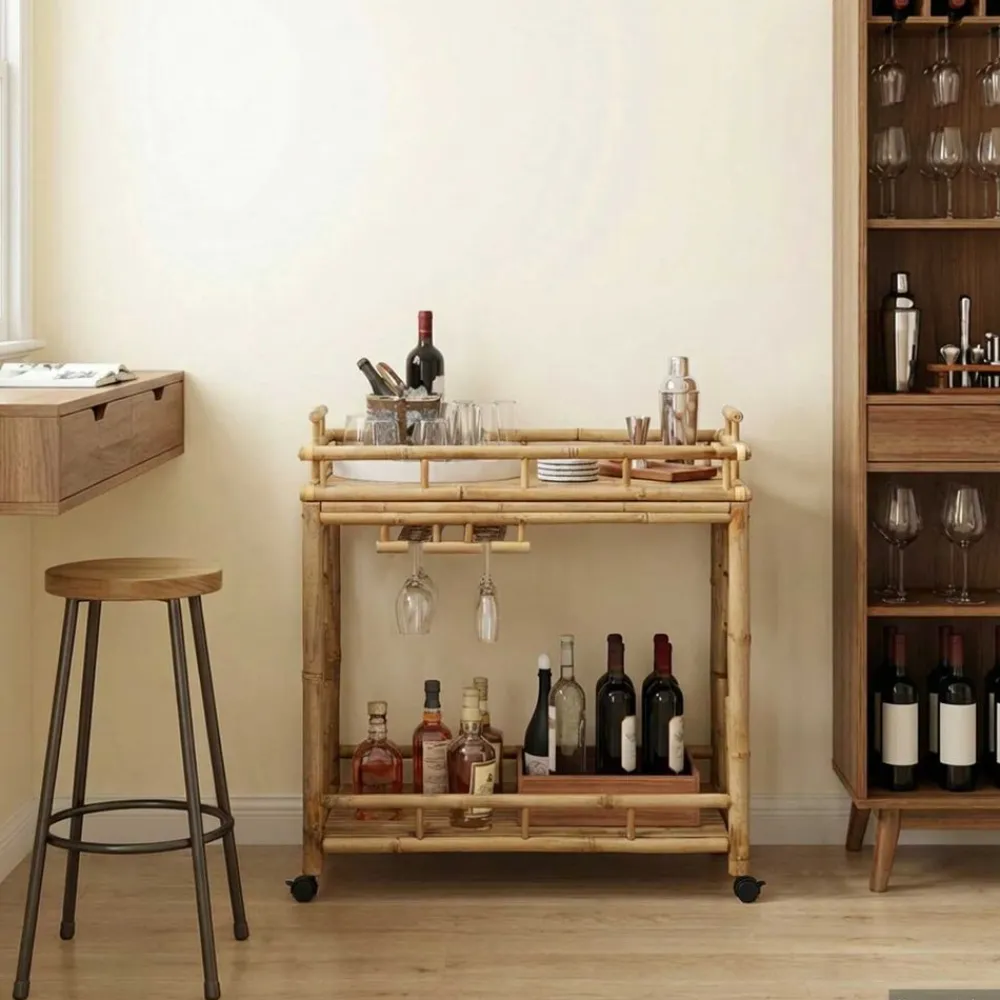 vidaXL Carros E Islas-Carro de Vino con Ruedas Natural 85 x 50 x 93 cm Bambú