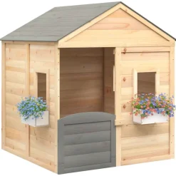 vidaXL Estructuras Para Juegos Al Aire Libre-Casa de juegos con puerta con cierre y macetas madera abeto