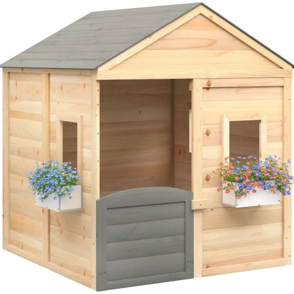 vidaXL Estructuras Para Juegos Al Aire Libre-Casa de juegos con puerta con cierre y macetas madera abeto