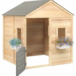 vidaXL Estructuras Para Juegos Al Aire Libre-Casa de juegos con puerta con cierre y macetas madera abeto