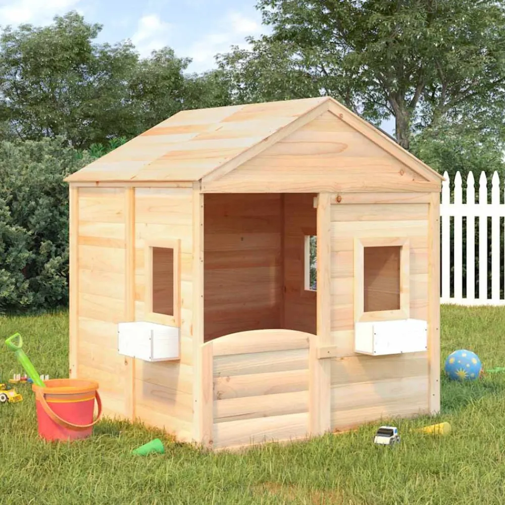 vidaXL Casa de juegos con puerta con cierre y macetas madera abeto Marrón Discount