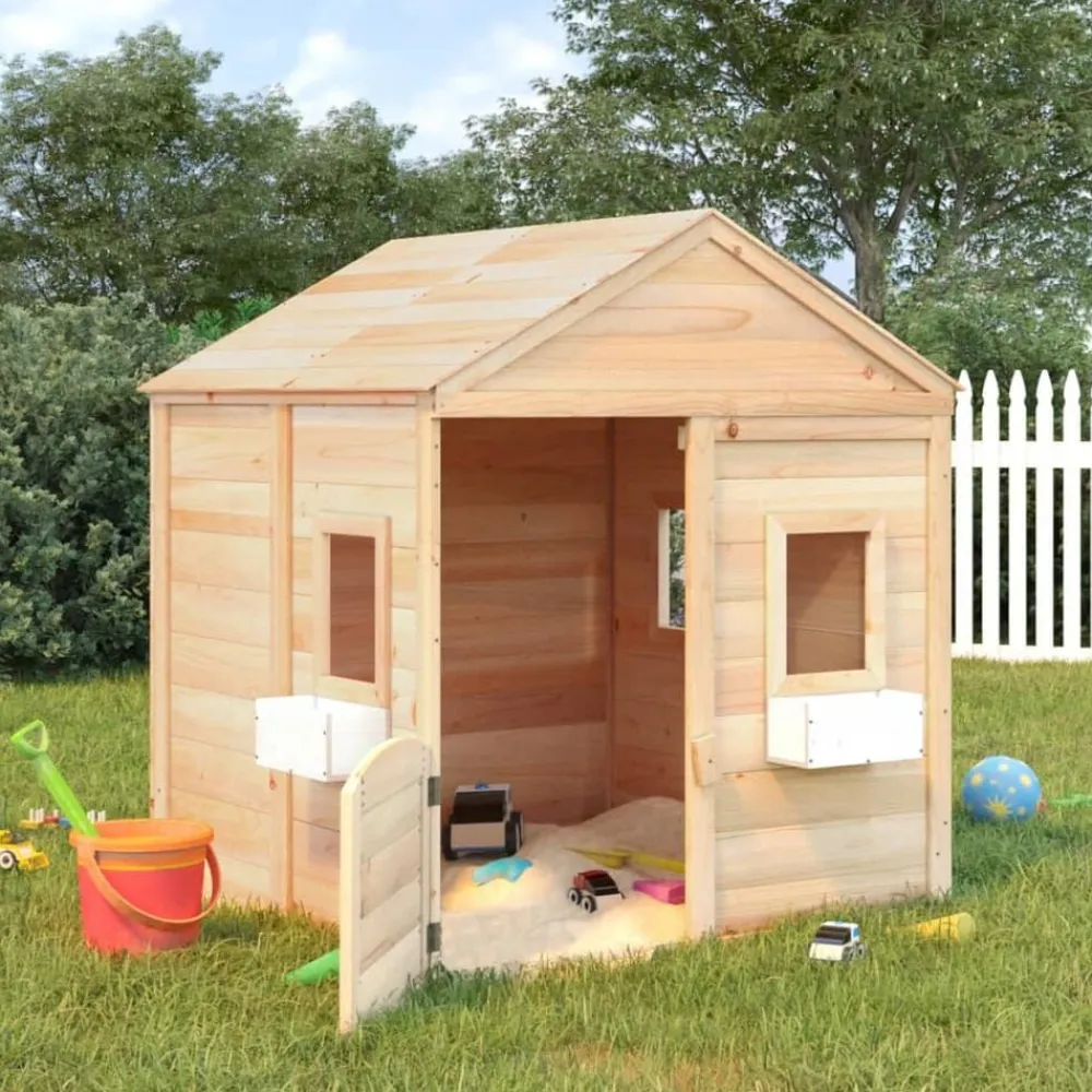 vidaXL Casa de juegos con puerta con cierre y macetas madera abeto Marrón Discount