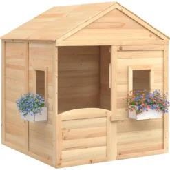 vidaXL Casa de juegos con puerta con cierre y macetas madera abeto Marrón Discount