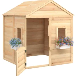 vidaXL Casa de juegos con puerta con cierre y macetas madera abeto Marrón Discount