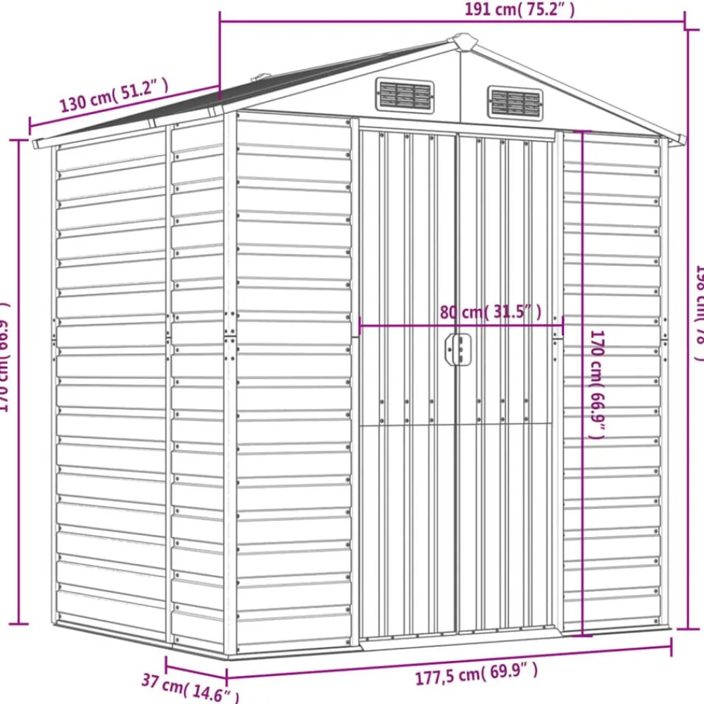 vidaXL Jardín-Caseta de jardín acero galvanizado marrón claro 191x130x198 cm