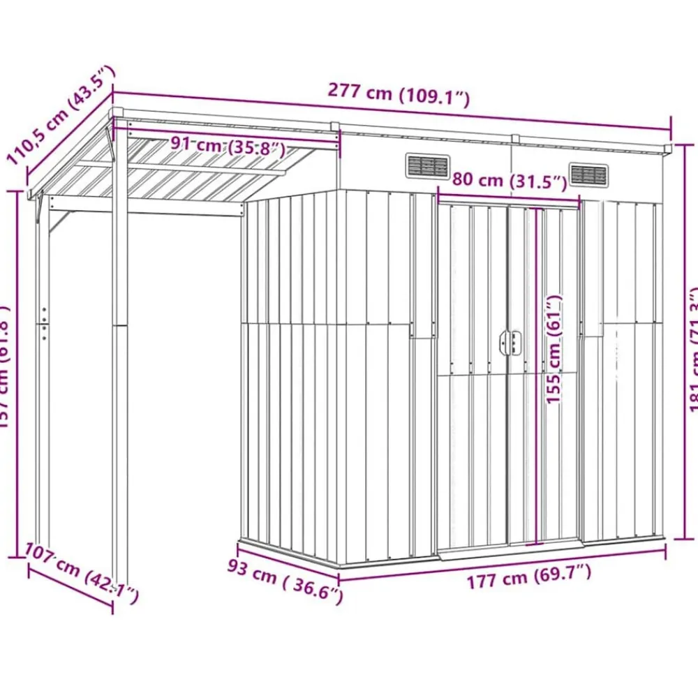 vidaXL Caseta de jardín con techo extensible, , 277 x 107 x 181 cm, acero Gris claro Sale