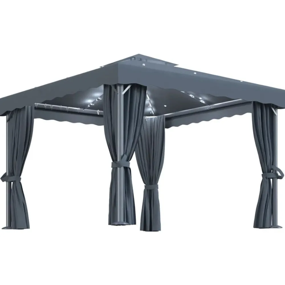 vidaXL Jardín-Cenador con cortina y tira de luces aluminio 3x3 m