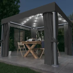 vidaXL Jardín-Cenador con cortina y tira de luces aluminio 3x3 m