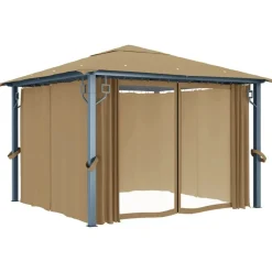 vidaXL Cenador con cortina gris taupe aluminio 300x300 cm Taupé Clearance