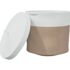 vidaXL Cesta de almacenaje con tapa algodón marrón y blanco Ø40x35 cm Marrón Online