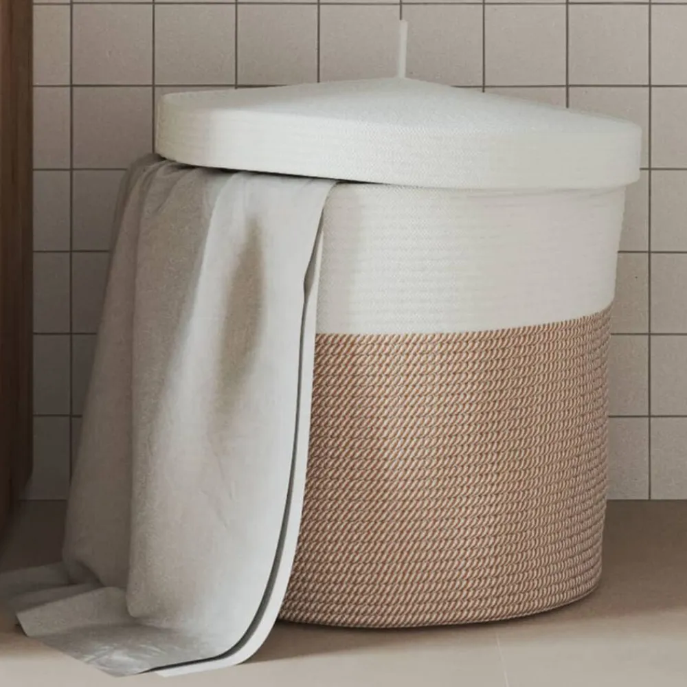 vidaXL Cesta de almacenaje con tapa algodón marrón y blanco Ø40x35 cm Marrón Online