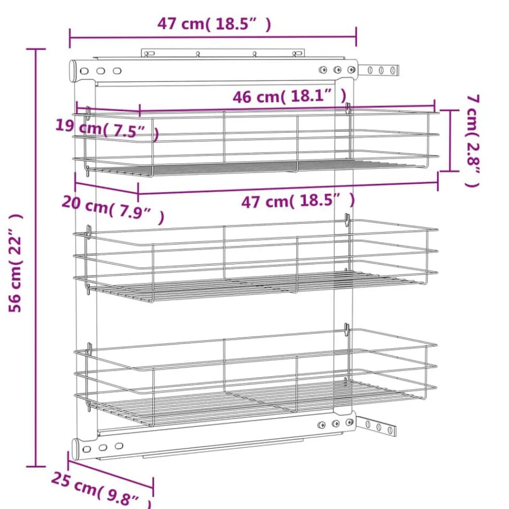 vidaXL Cesta de cocina extraíble 3 niveles plateada 47x25x56 cm Sale