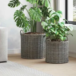 vidaXL Cesta de Maceta con almacenamiento 2 pcs Rattan Lacak Gris Hot