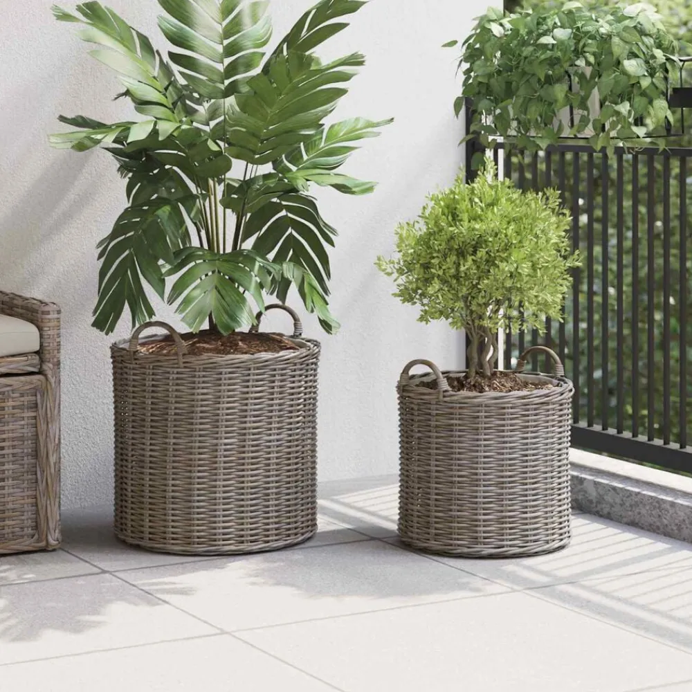 vidaXL Cesta de Maceta con almacenamiento 2 pcs Rattan Lacak Gris Hot